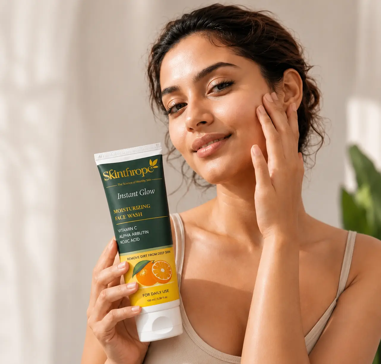 Woman with radiant healthy skin showcasing Skinthrope skincare results